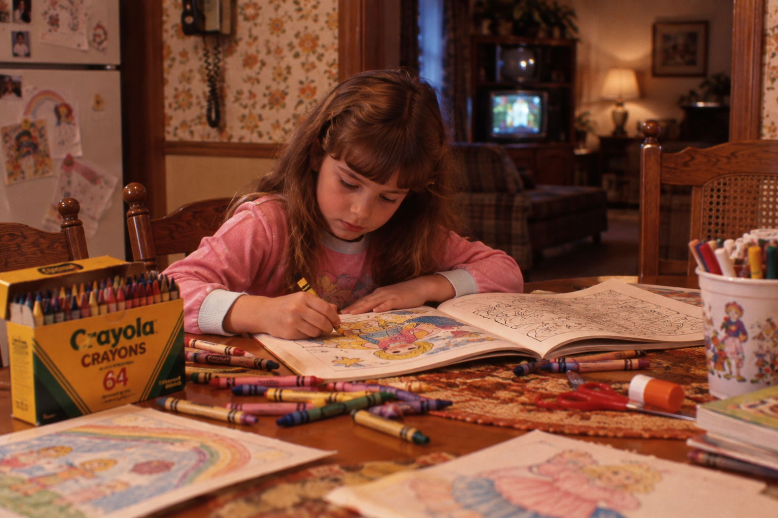 A young girl colors in a coloring book at a dining table covered with crayons, a crayon box, and completed drawings. A cozy living room with a TV and lamp is visible in the background.