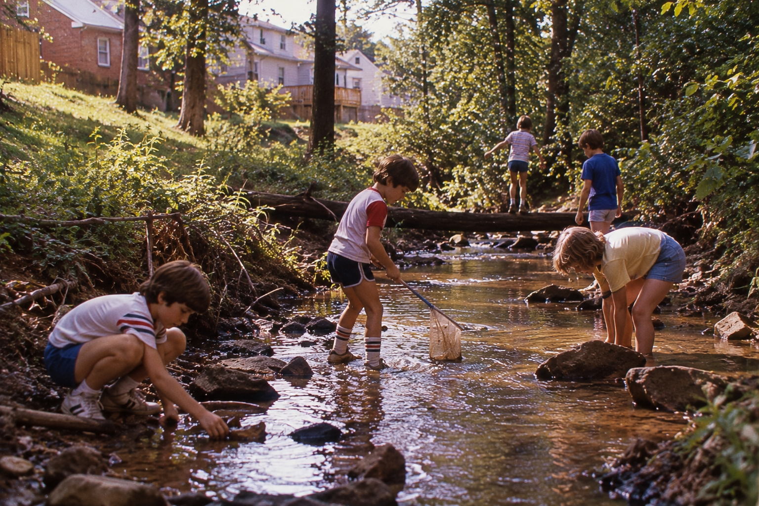 Five children play in a shallow wooded creek, with one child using a net in the water and another walking across a log.