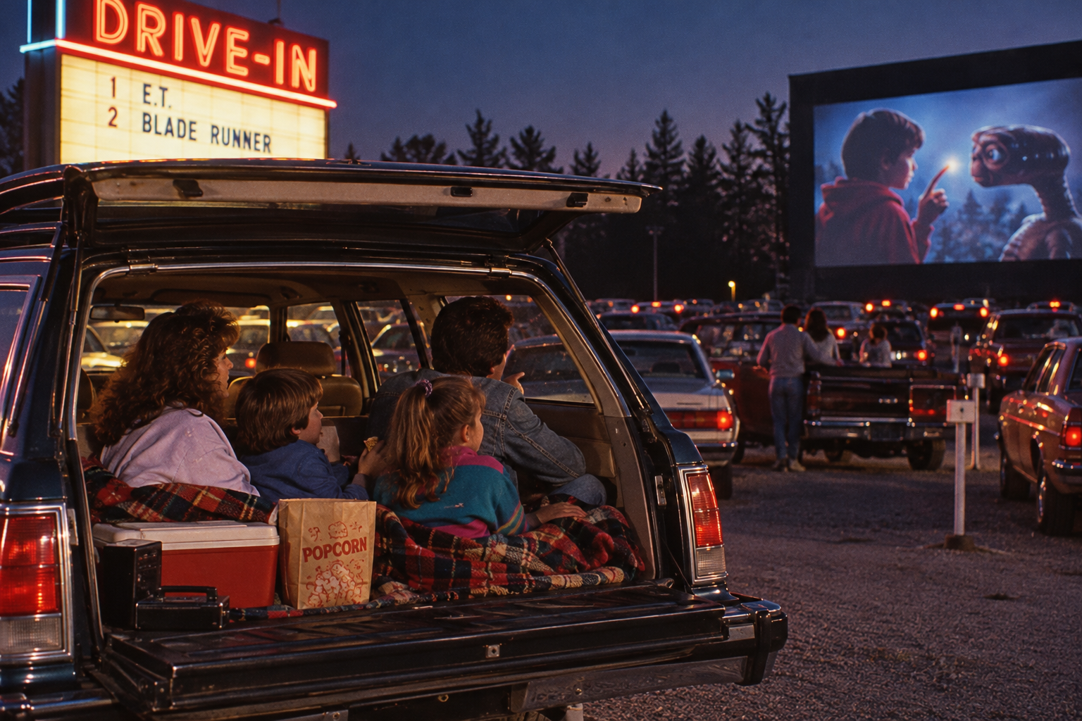 A family sits in the back of a station wagon at a drive-in theater, watching “E.T. the Extra-Terrestrial” on the large outdoor screen.