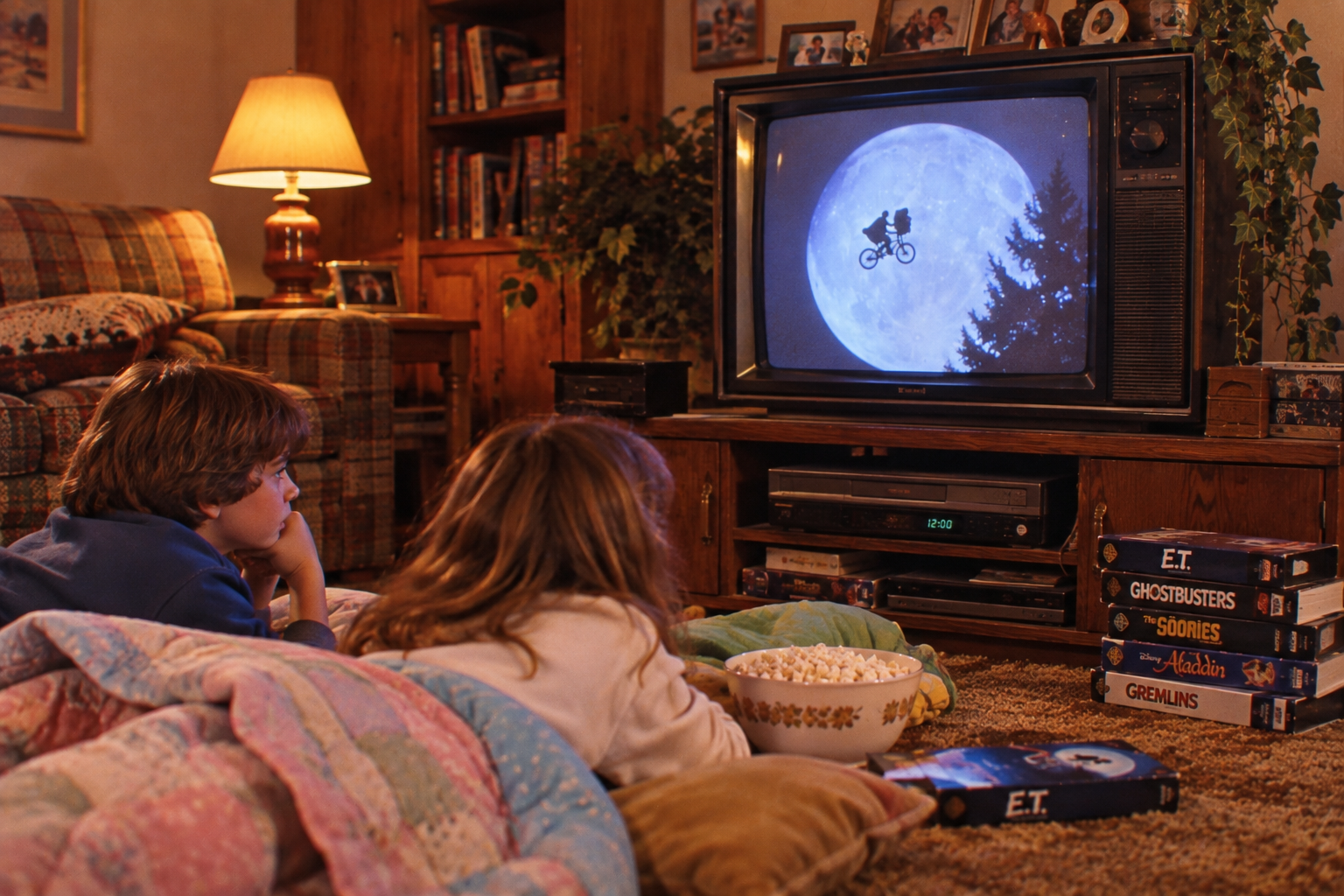 Two children lying on the floor with blankets watch E.T. on TV. A bowl of popcorn sits nearby, and VHS tapes of several movies are stacked next to the TV in a cozy, warmly lit living room.
