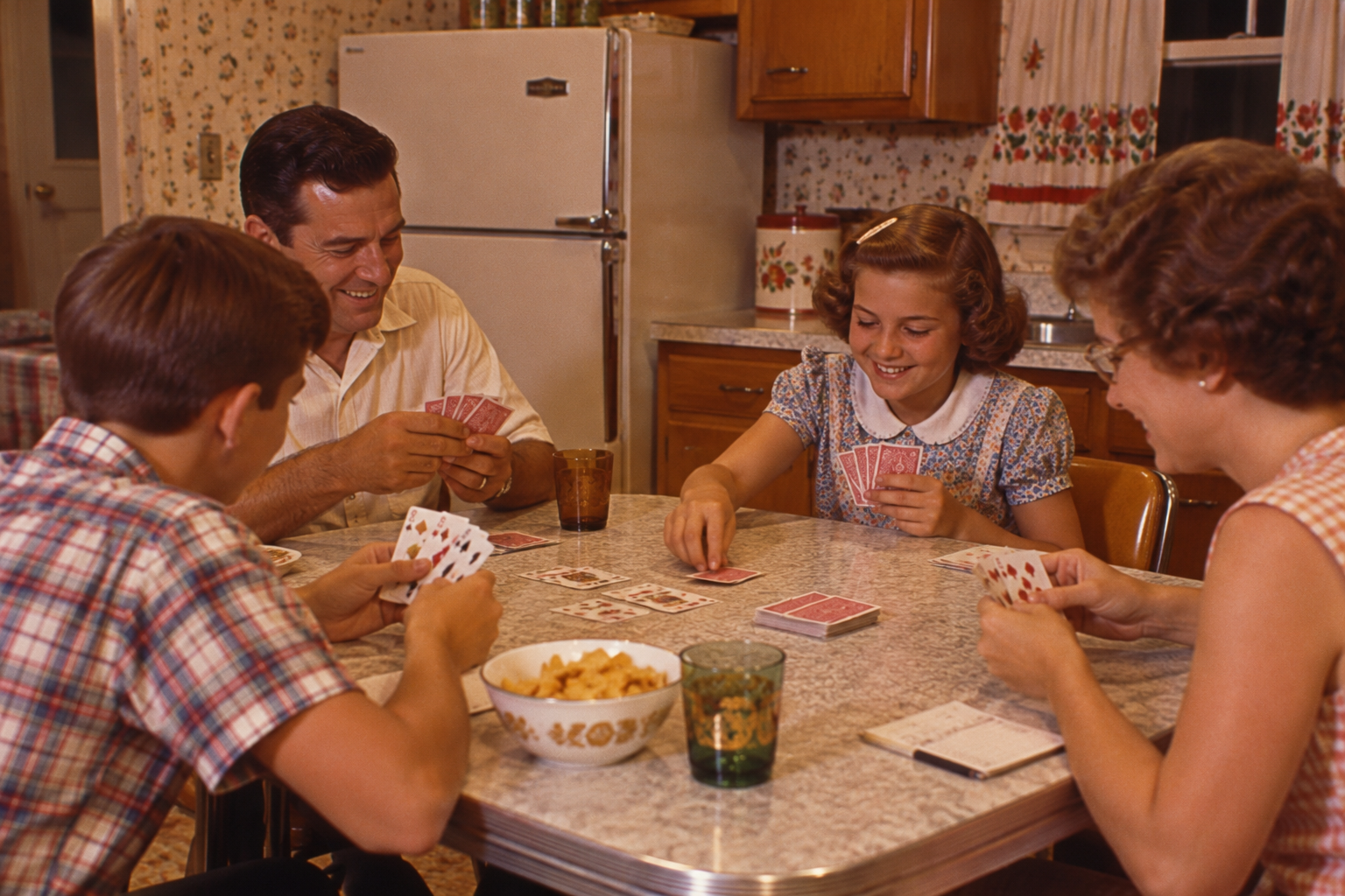 A family of four sits around a kitchen table playing a game of cards.