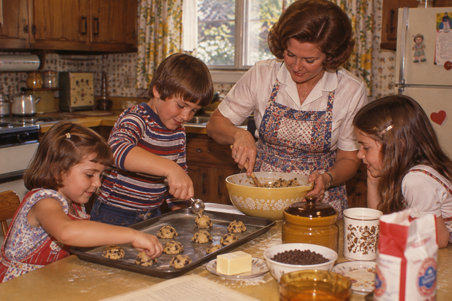 A woman in a floral apron helps two children place balls of cookie dough onto a baking sheet in a kitchen.