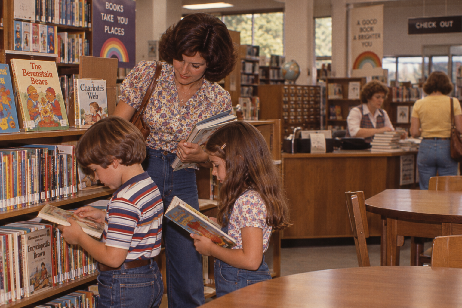 A woman and two children looking at books on a shelf in a library.
