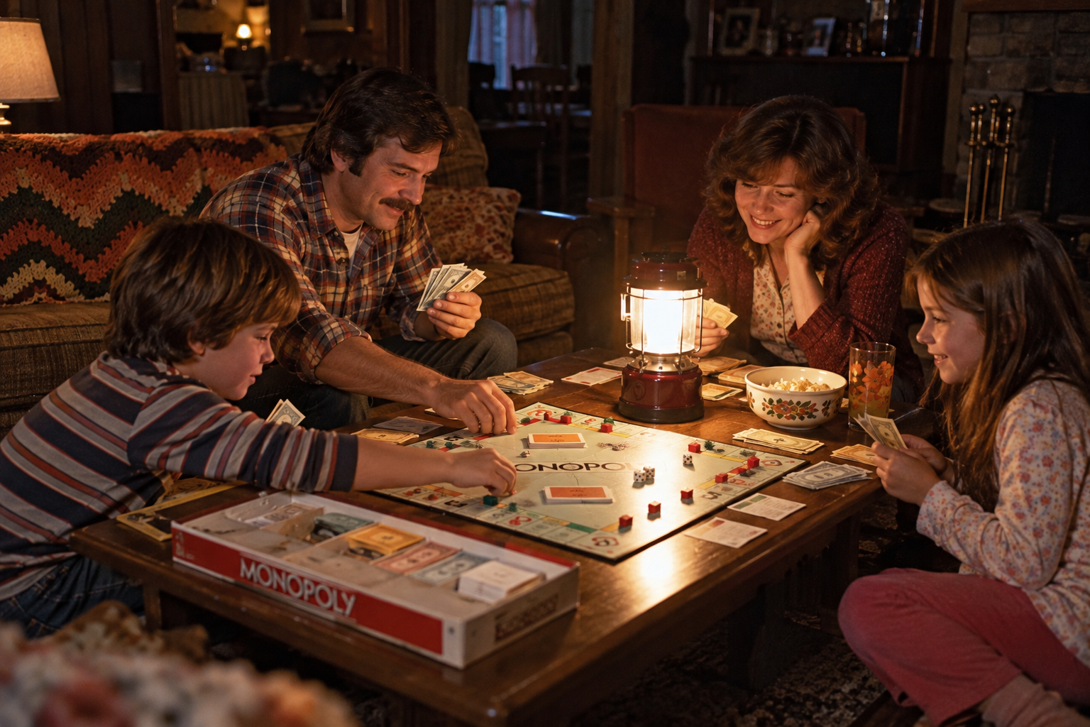 A family of four enjoys one of many common family activities during power outages, playing Monopoly by the light of a lantern on a living room coffee table.