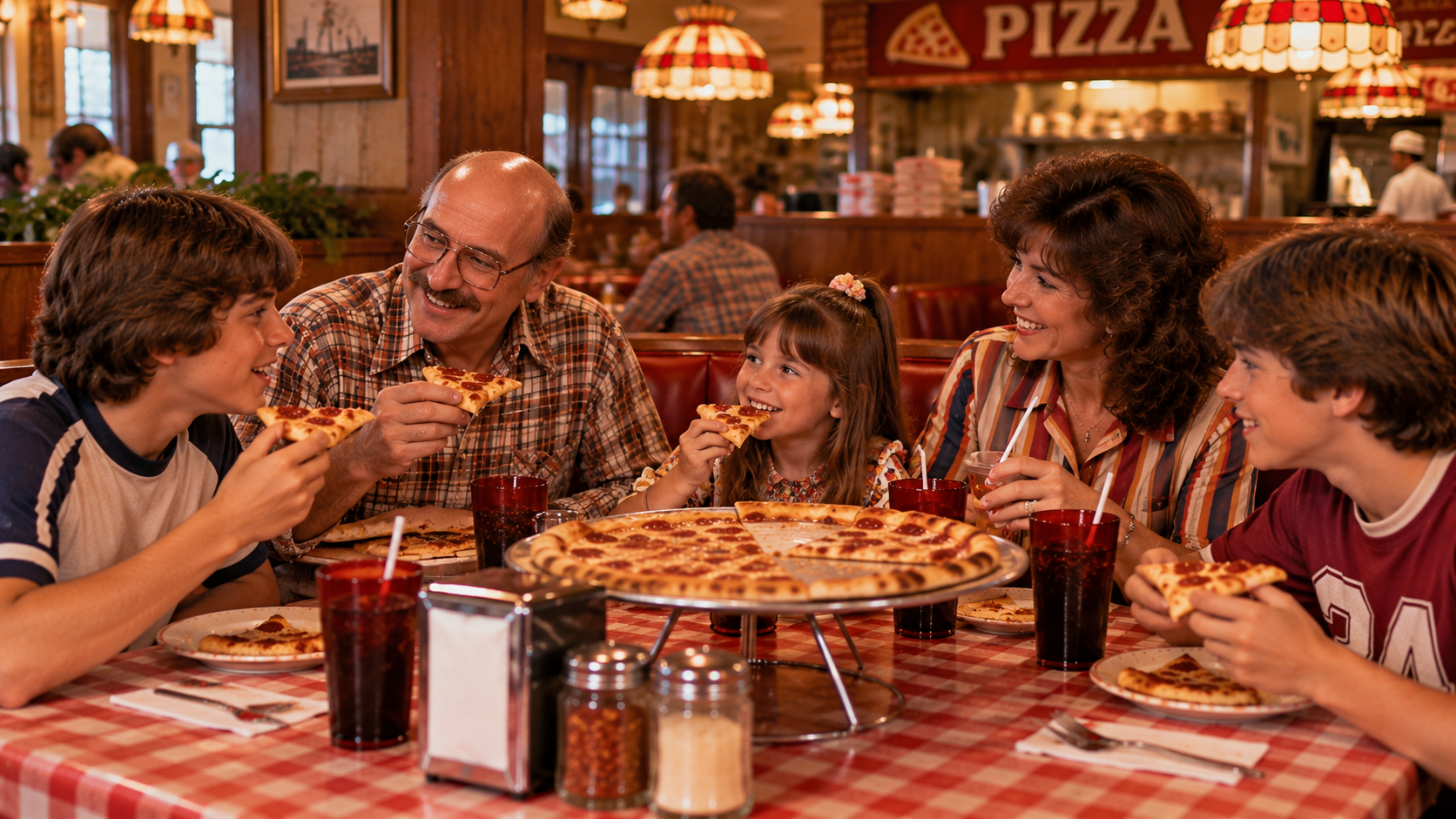 A family eats pizza together in a booth at a restaurant with red-and-white checkered tablecloths.