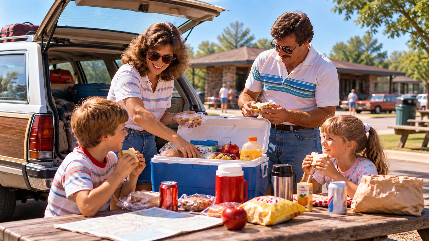 A family eating sandwiches at a picnic table by their station wagon, with an open cooler full of food between them.