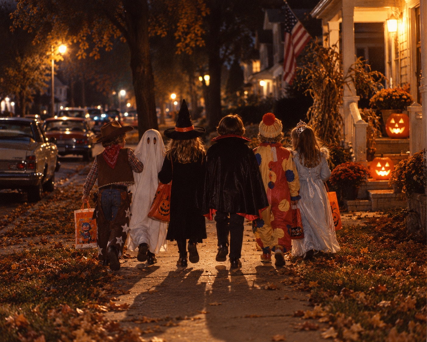 A group of six children in various costumes walk away from the viewer down a sidewalk lined with autumn leaves and glowing jack-o’-lanterns at night.
