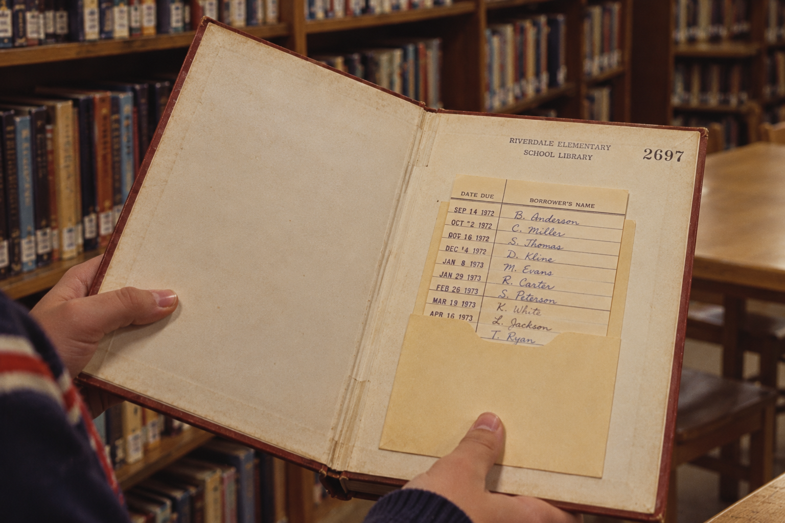 Hands holding an open library book with a vintage checkout card tucked into a pocket, listing dates from 1972 and 1973 alongside names of borrowers.