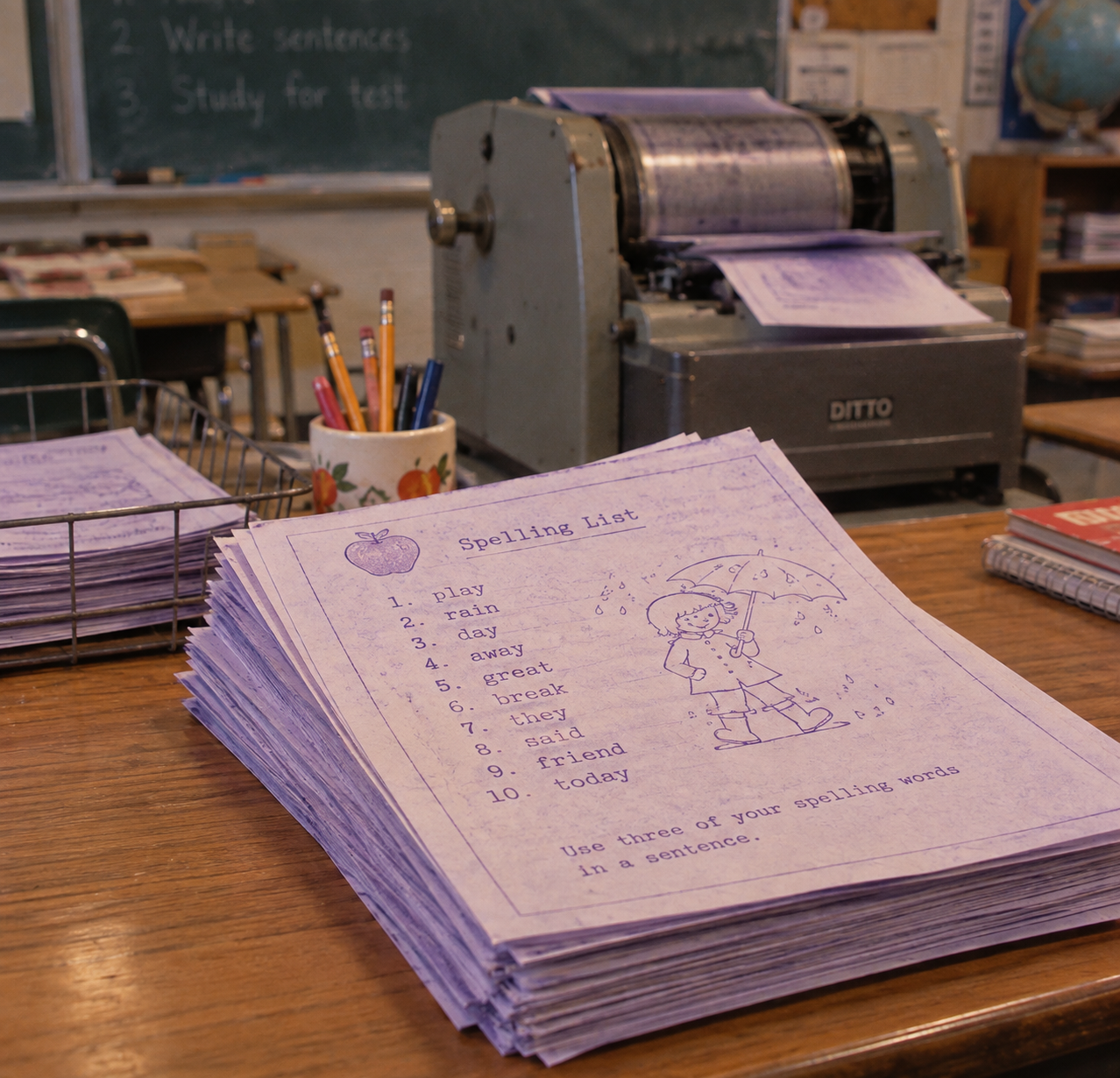 A stack of purple-inked spelling worksheets printed by a vintage Ditto machine sits on a classroom desk.