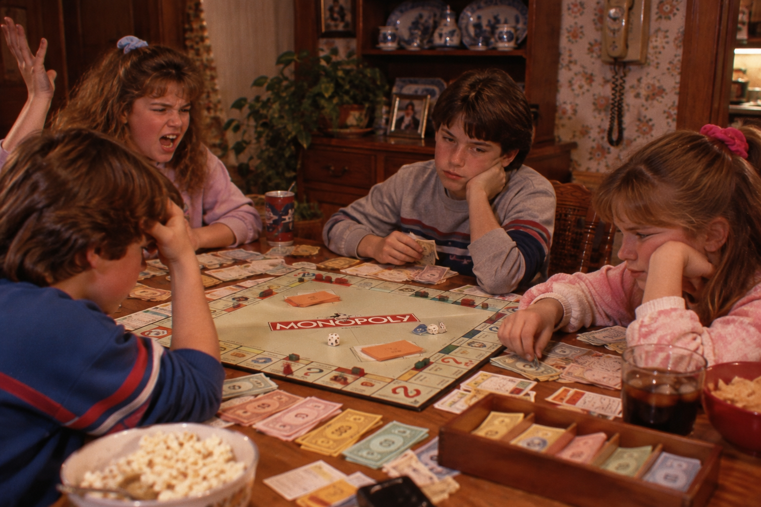 Four kids sit around a table playing Monopoly. Three look frustrated or bored, while one is angrily gesturing. Monopoly money, property cards, and popcorn are on the table. The room is decorated with floral wallpaper.
