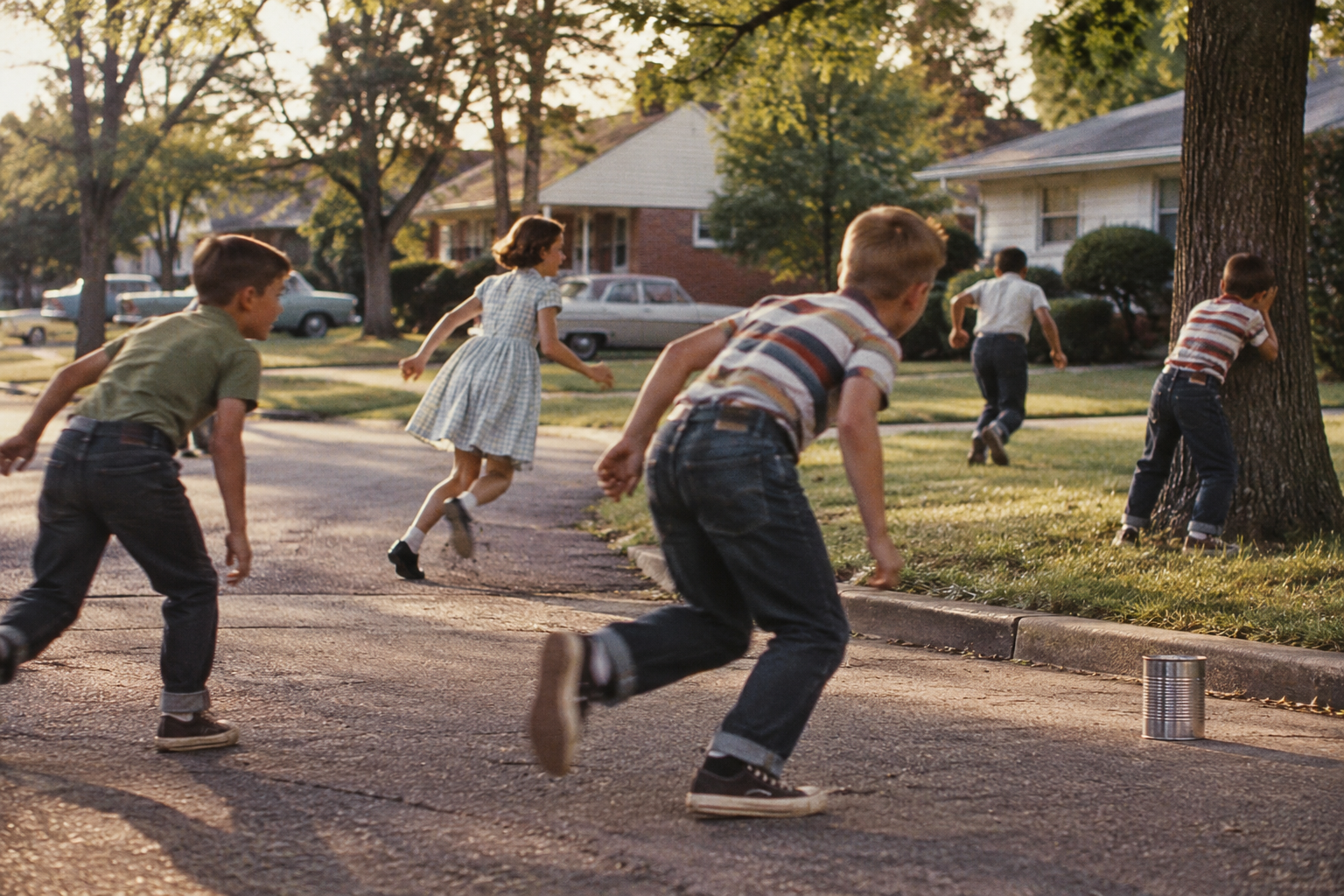 Five children play a game of kick the can on a suburban street.