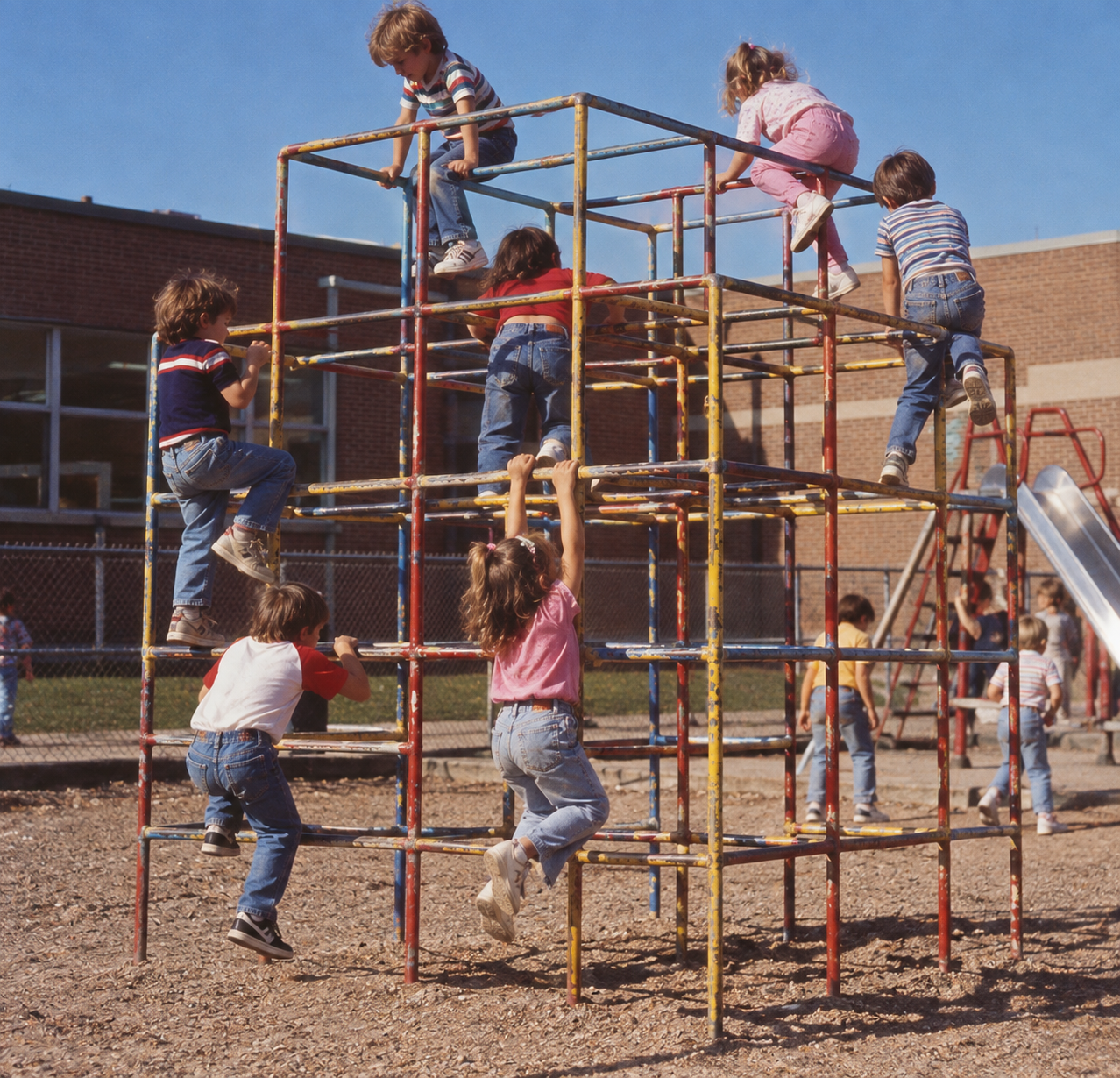 Several children climb on a large, multi-colored metal jungle gym in a school playground.