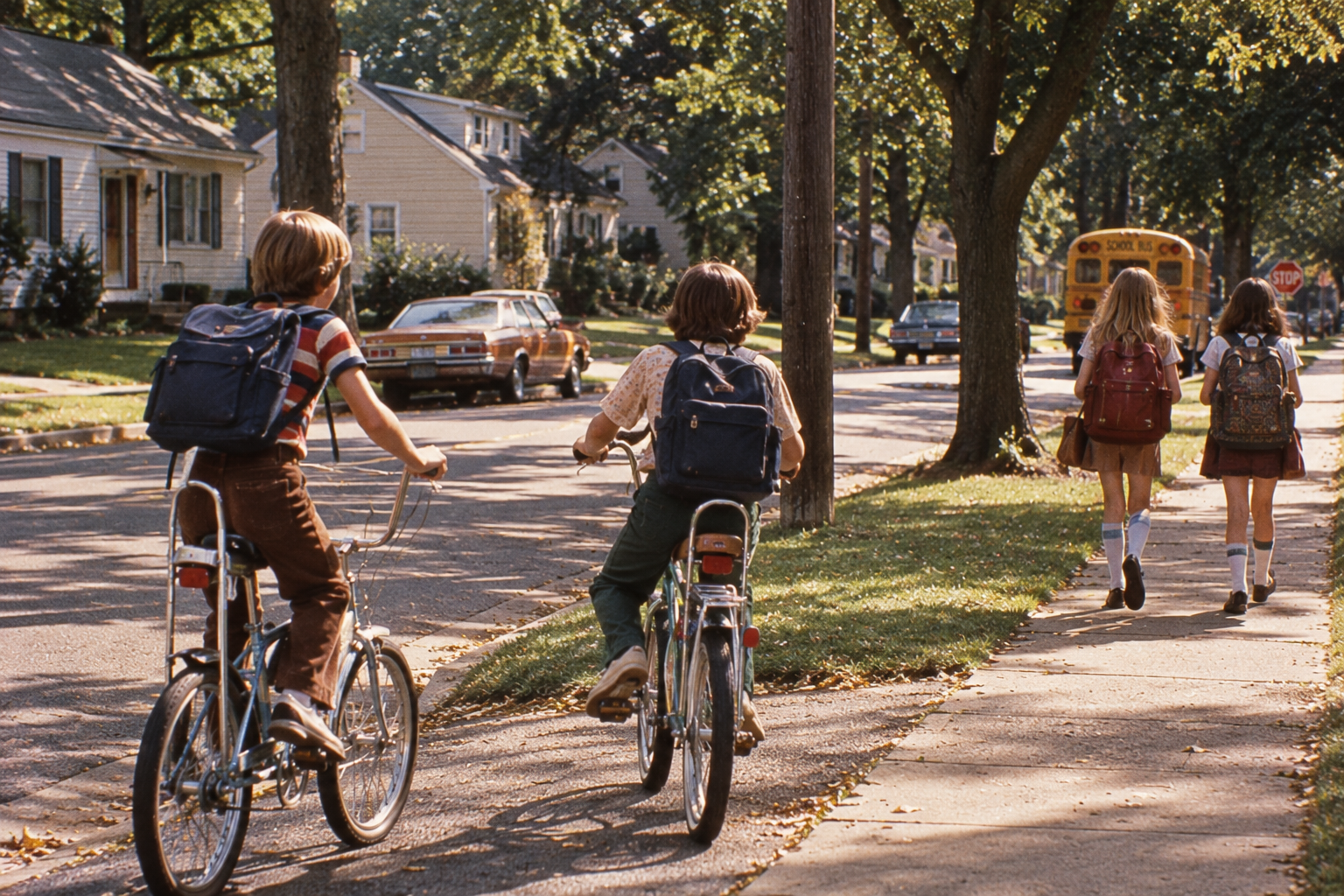 Two children ride bicycles down a suburban street as two other children walk along the sidewalk toward a school bus in the distance.