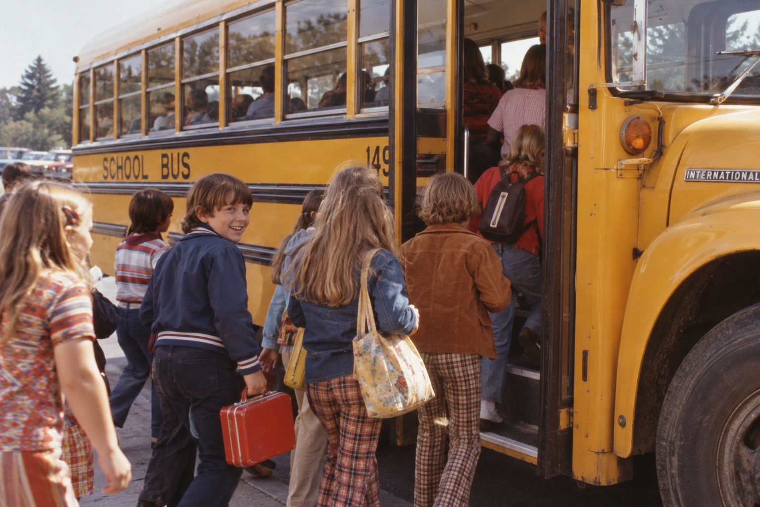 Children board a yellow school bus.