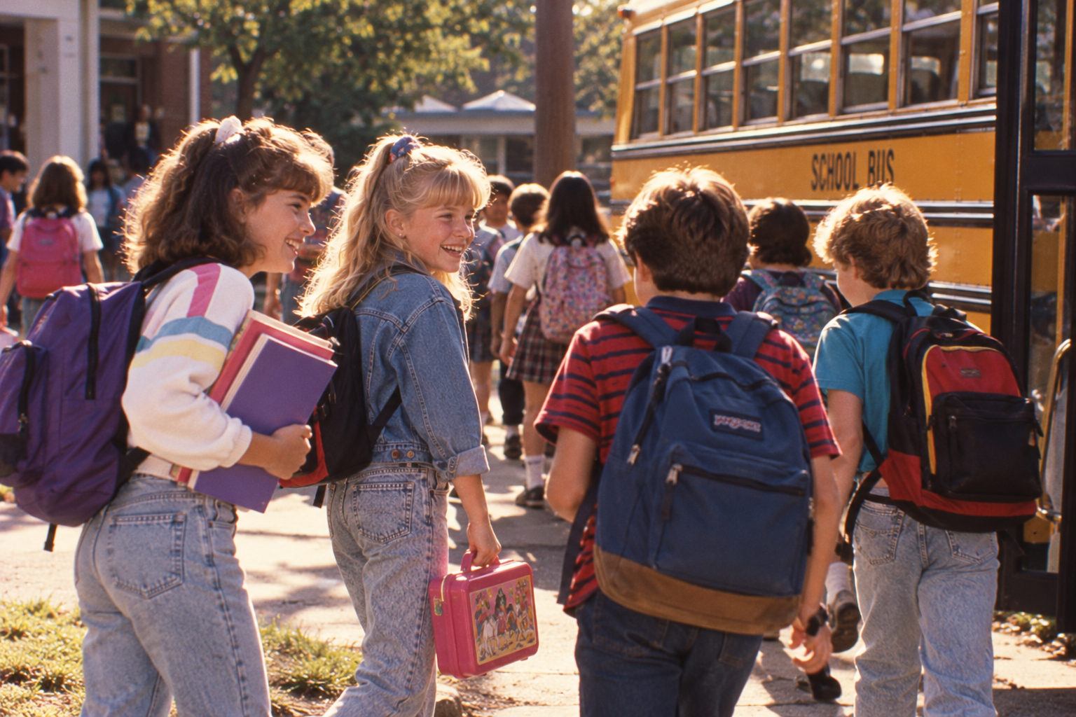 Students with backpacks boarding a school bus.