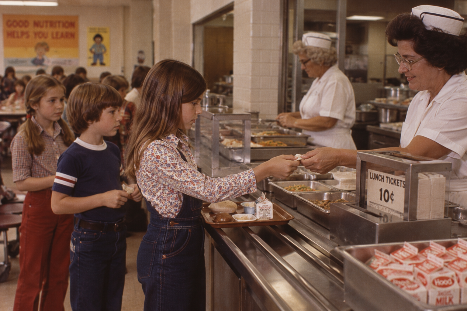 A schoolgirl in overalls hands a lunch ticket to a cafeteria worker behind a serving counter as other children wait in line.