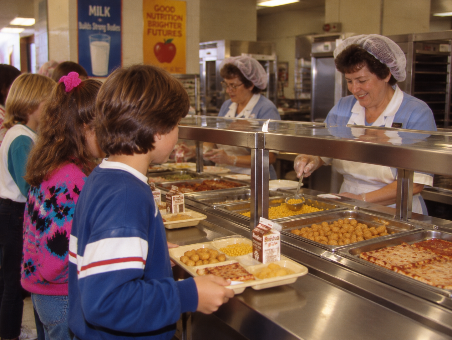 A cafeteria worker serves food to students in a school lunch line.