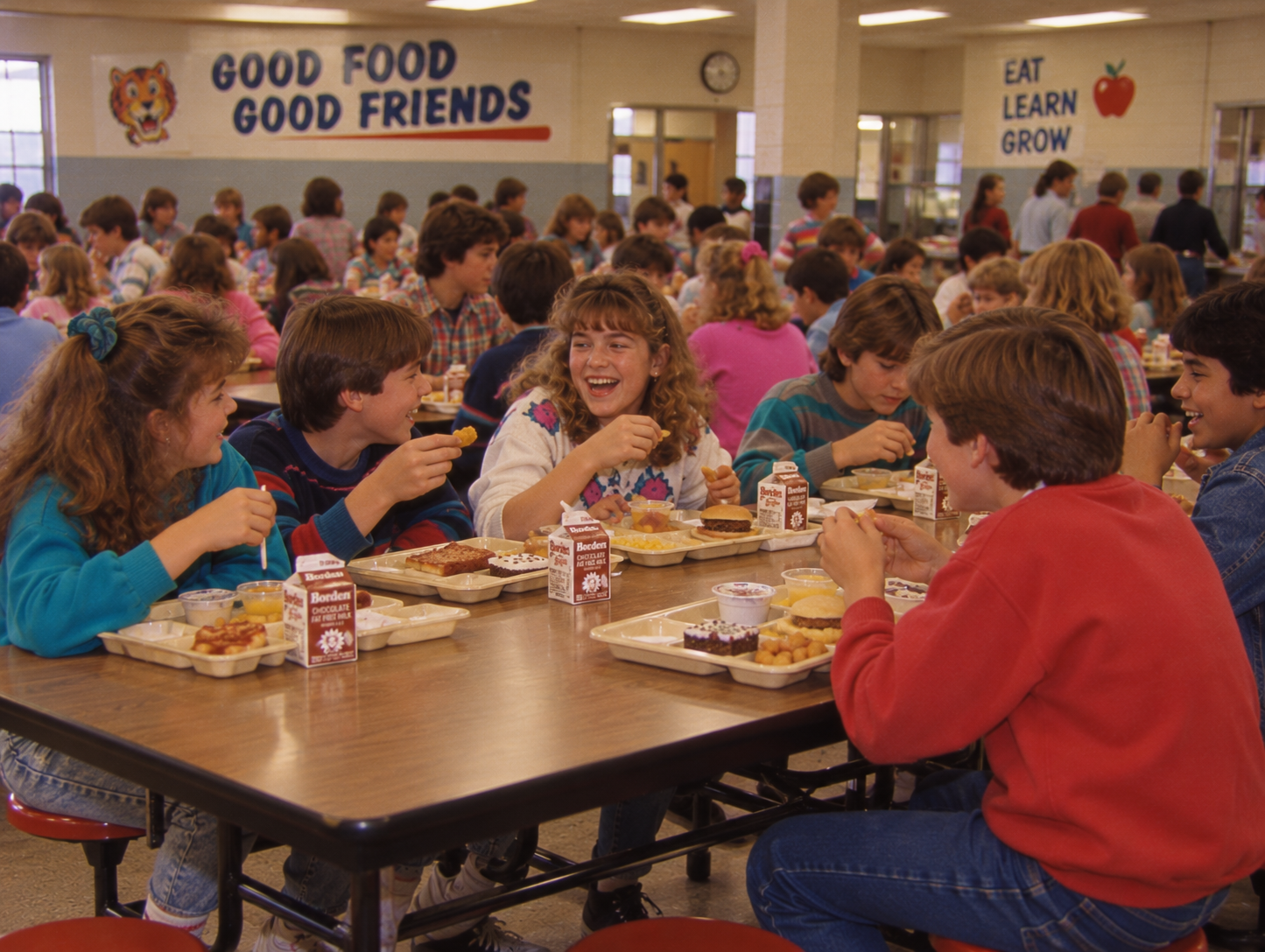 Middle school students laughing and eating lunch at cafeteria tables, with signs on the wall that read “Good Food Good Friends” and “Eat Learn Grow.”