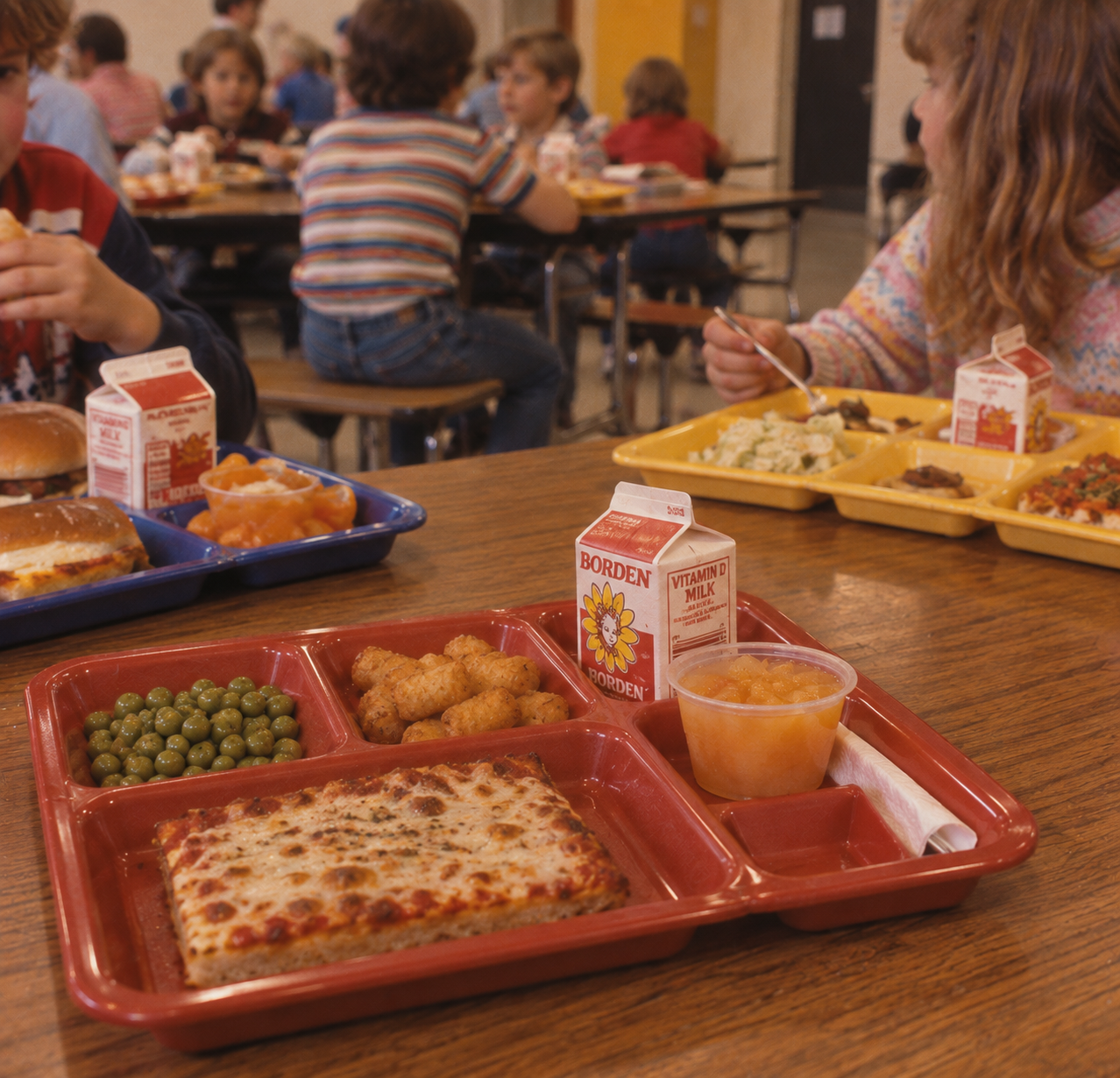 A red school lunch tray holding a piece of square pizza, peas, tater tots, applesauce, and a carton of Borden milk, with other students eating in the background.