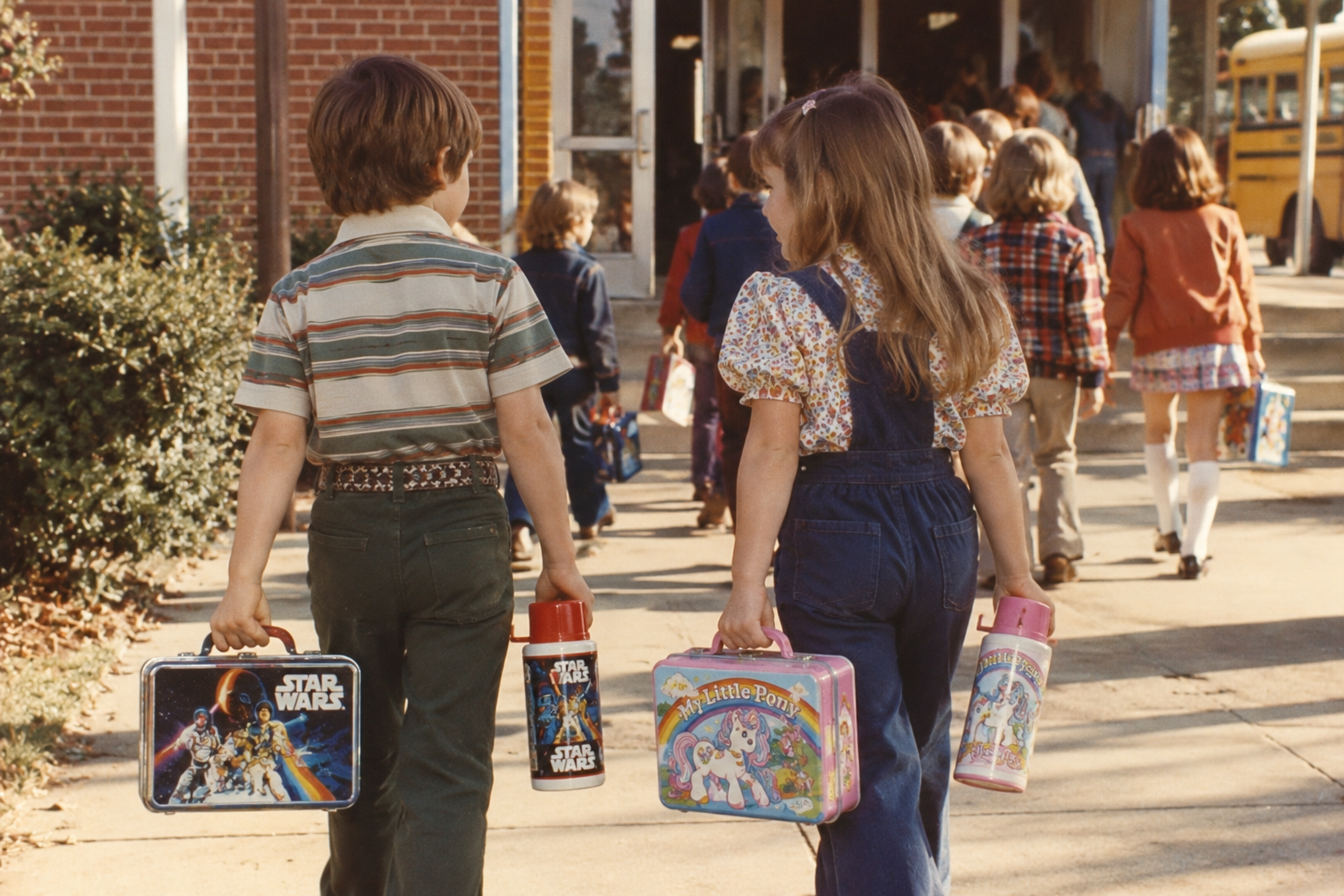 Two children walk toward a school entrance carrying Star Wars and My Little Pony lunchboxes and matching thermos bottles.
