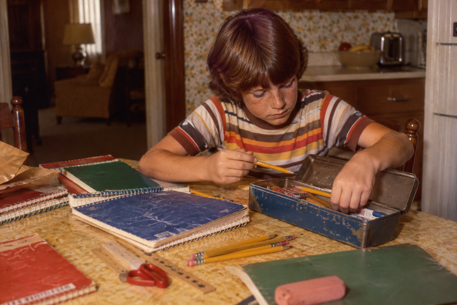 A child in a striped shirt sits at a table with notebooks and a pencil case, reaching for a pencil.
