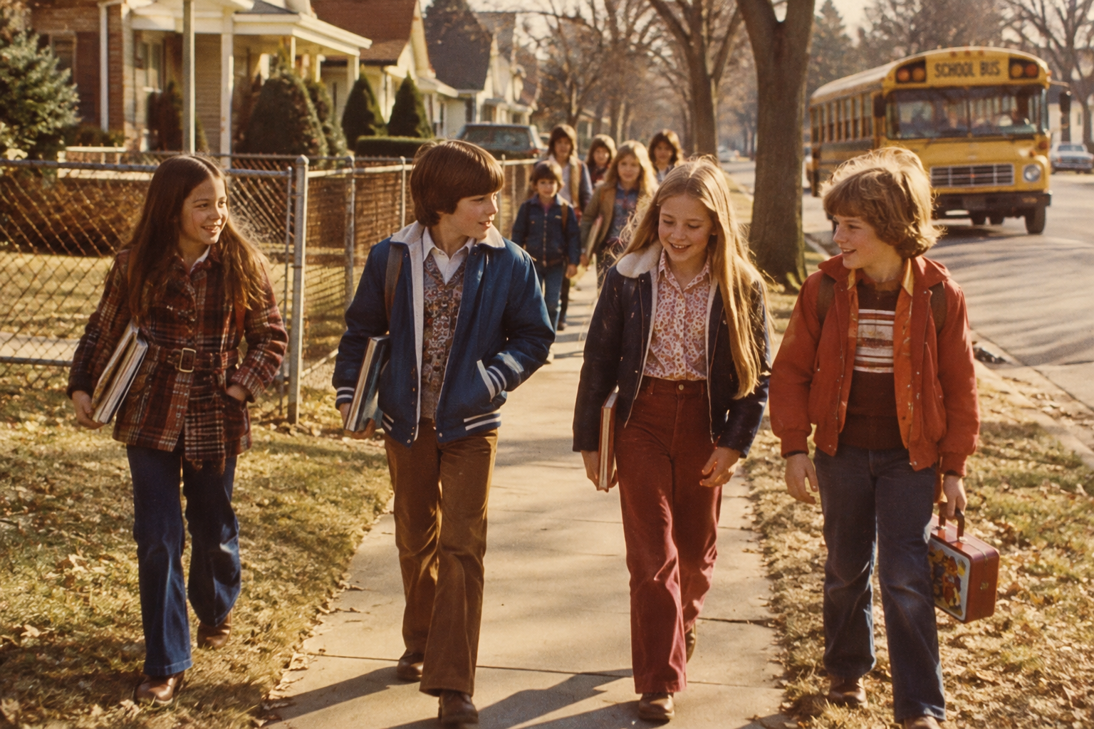 Four children walk together down a suburban sidewalk, with others following behind and a yellow school bus parked in the street.