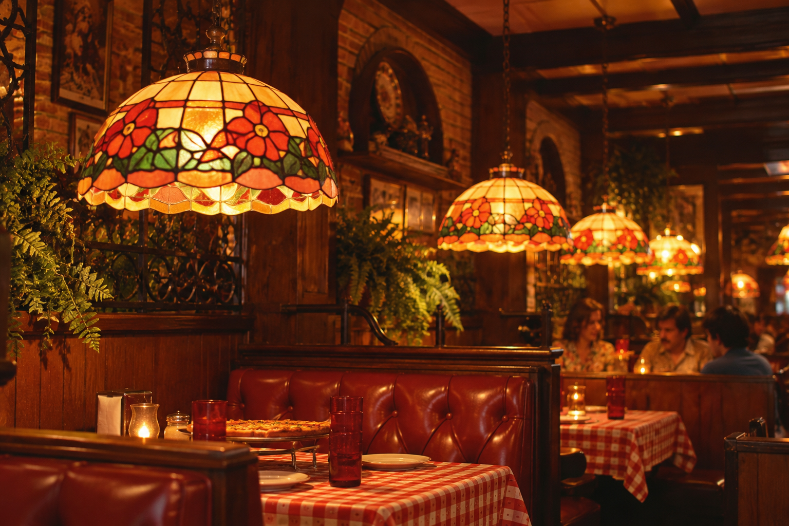 Cozy restaurant with red leather booths, checkered tablecloths, hanging stained glass lamps, green plants, and diners enjoying meals in a warm, inviting atmosphere.