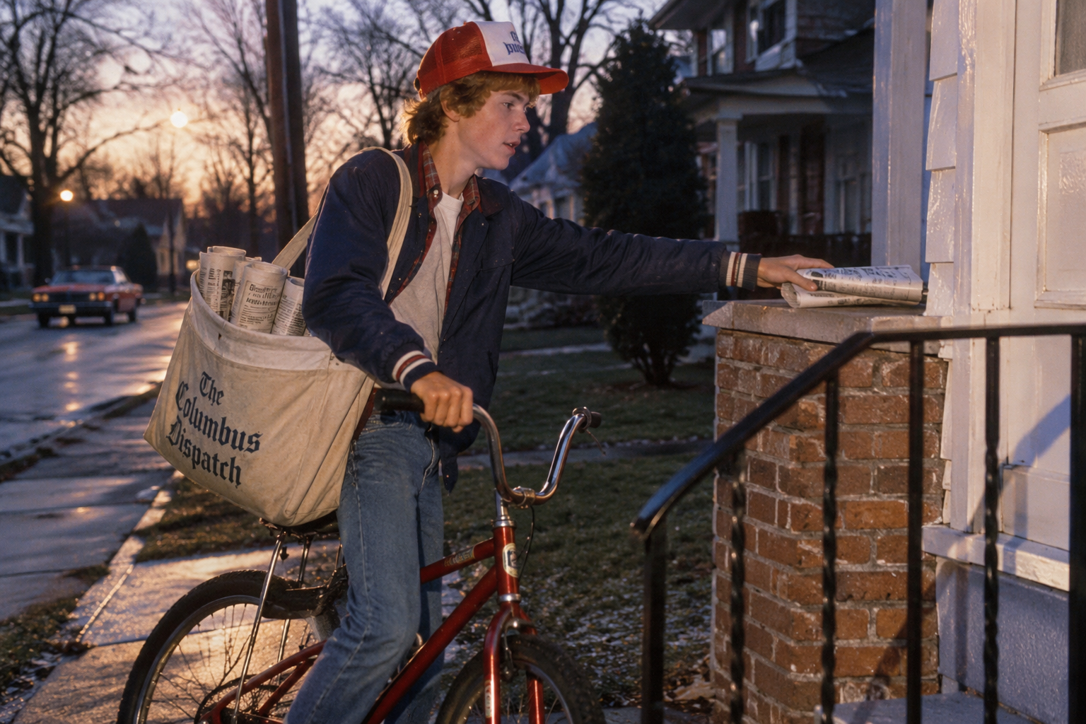 A teenager on a bicycle wearing a newspaper delivery bag drops a paper into a porch mailbox at dusk.