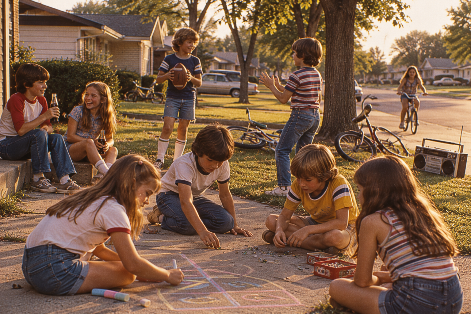 A group of children playing with chalk and marbles on a suburban sidewalk, with others standing nearby holding a football and a boombox.