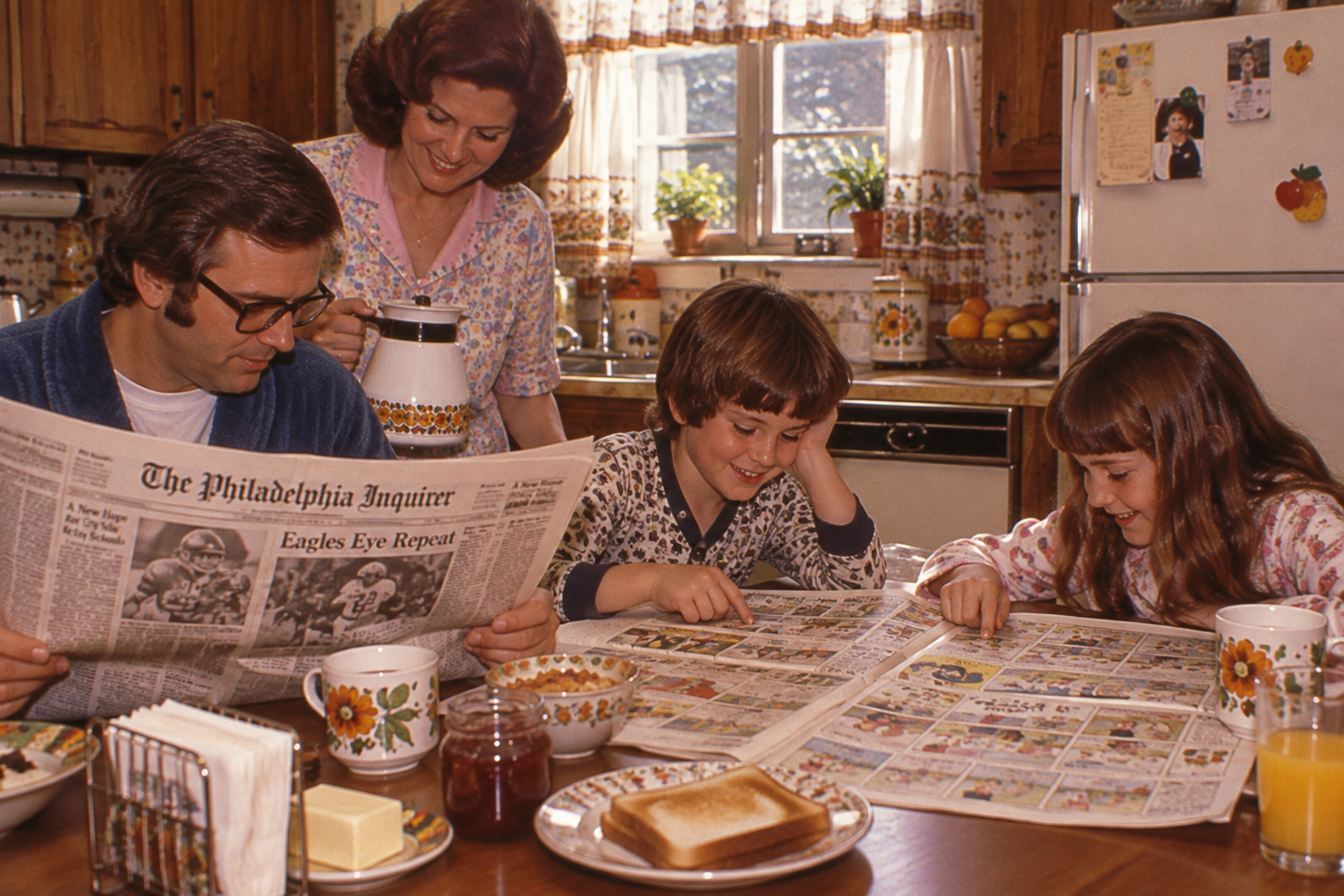 A family sits at a kitchen table reading the newspaper, with the father holding the front page and the children looking at the comics.
