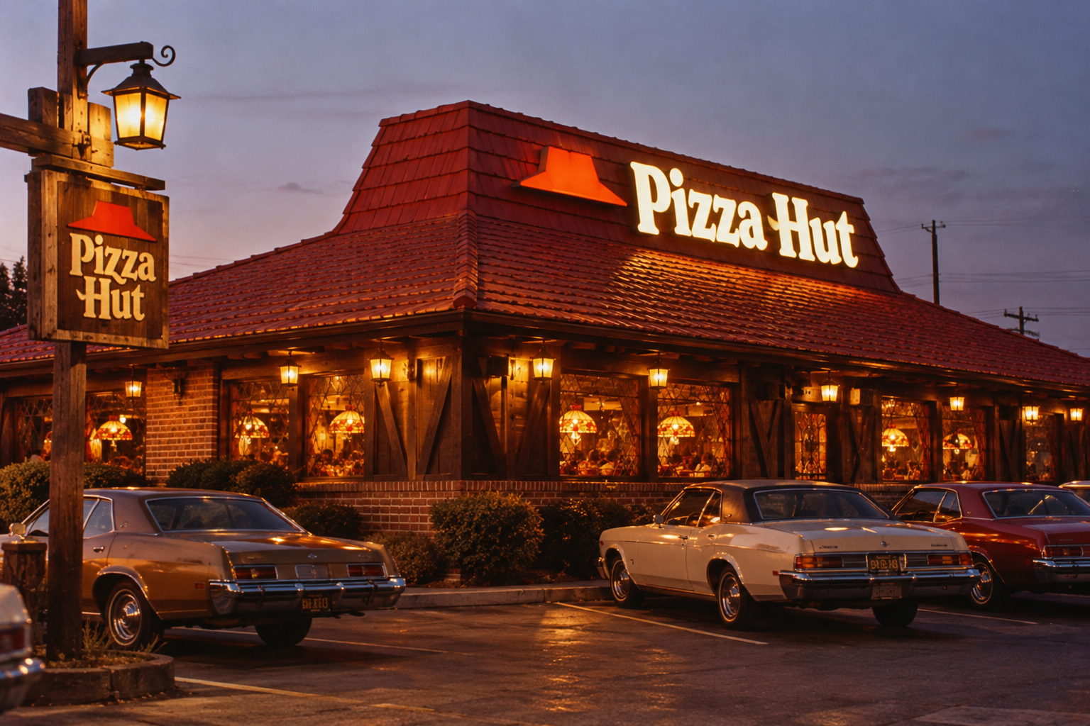 A retro Pizza Hut restaurant at dusk, with glowing lights inside, vintage cars parked outside, and a classic red roof and yellow sign visible.