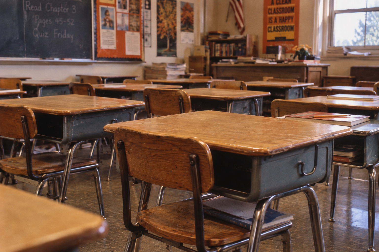 Empty classroom with several wooden desks and chairs, chalkboard with notes, posters on the wall, and a U.S. flag in the background. Sunlight streams in through the windows.