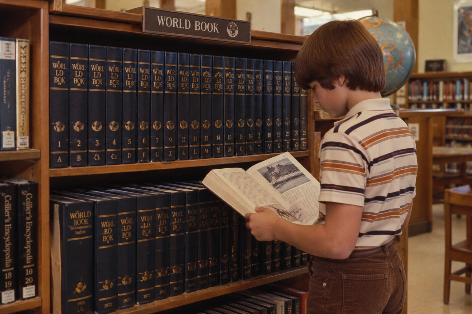 A boy in a striped shirt stands in a library reading an open book in front of a shelf of World Book encyclopedias.