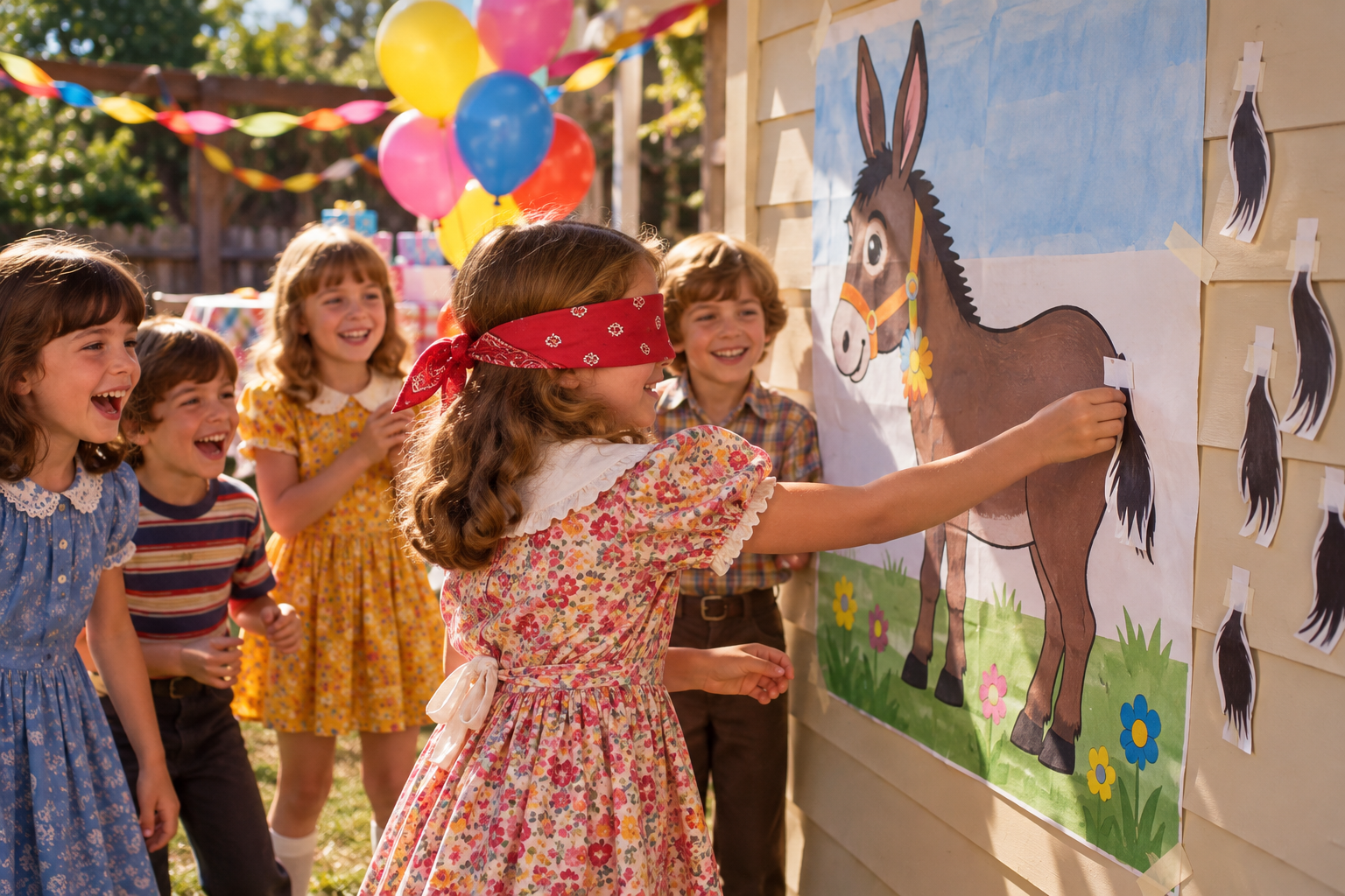 A blindfolded girl in a floral dress places a tail on a donkey poster at a 1970s birthday party, as other children watch and cheer.