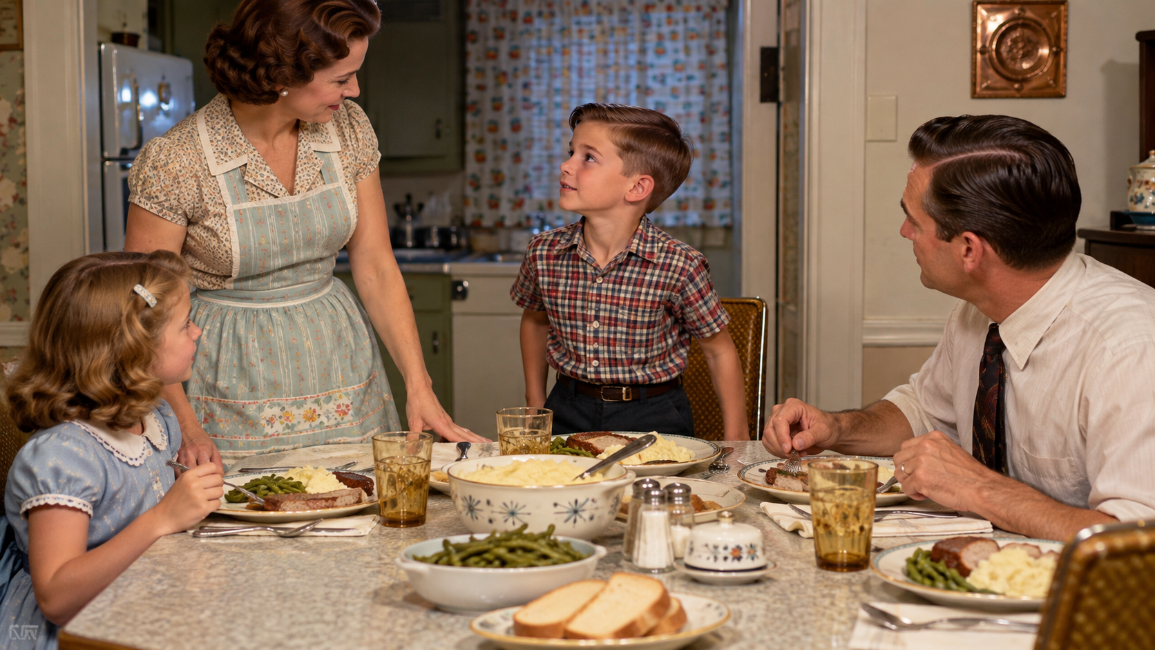 A family sits at a kitchen table for a meal, with a mother standing and looking at her young son while the father looks on from the opposite side.