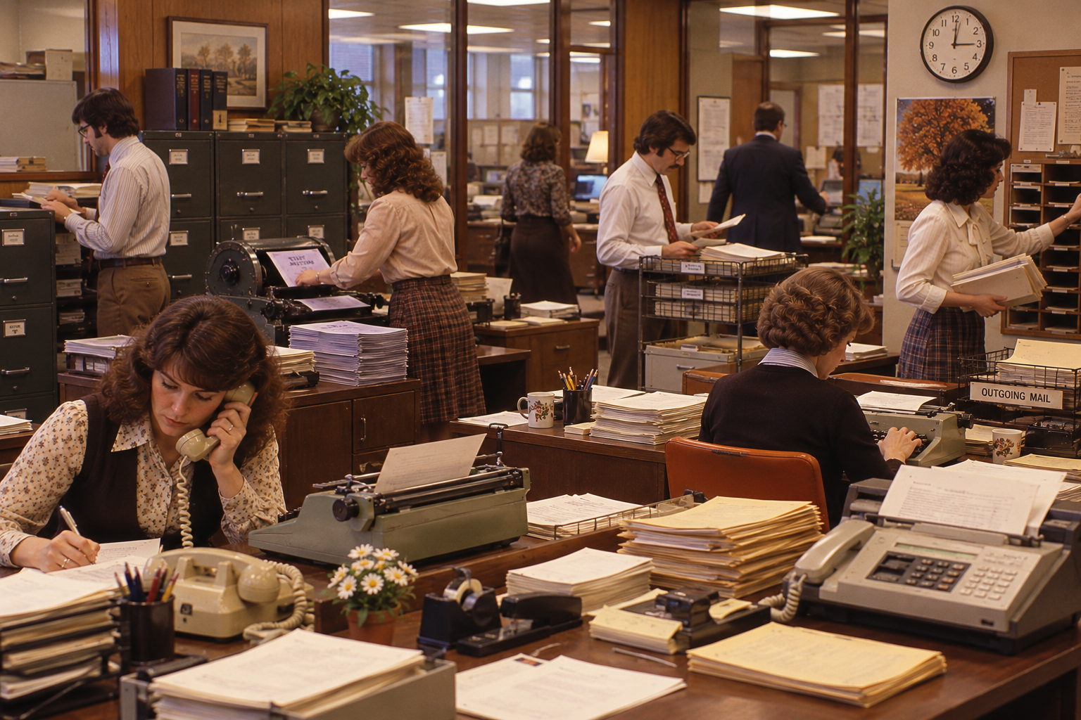 Several office workers process paperwork at desks with typewriters, telephones, and filing cabinets in a busy 1970s workplace.