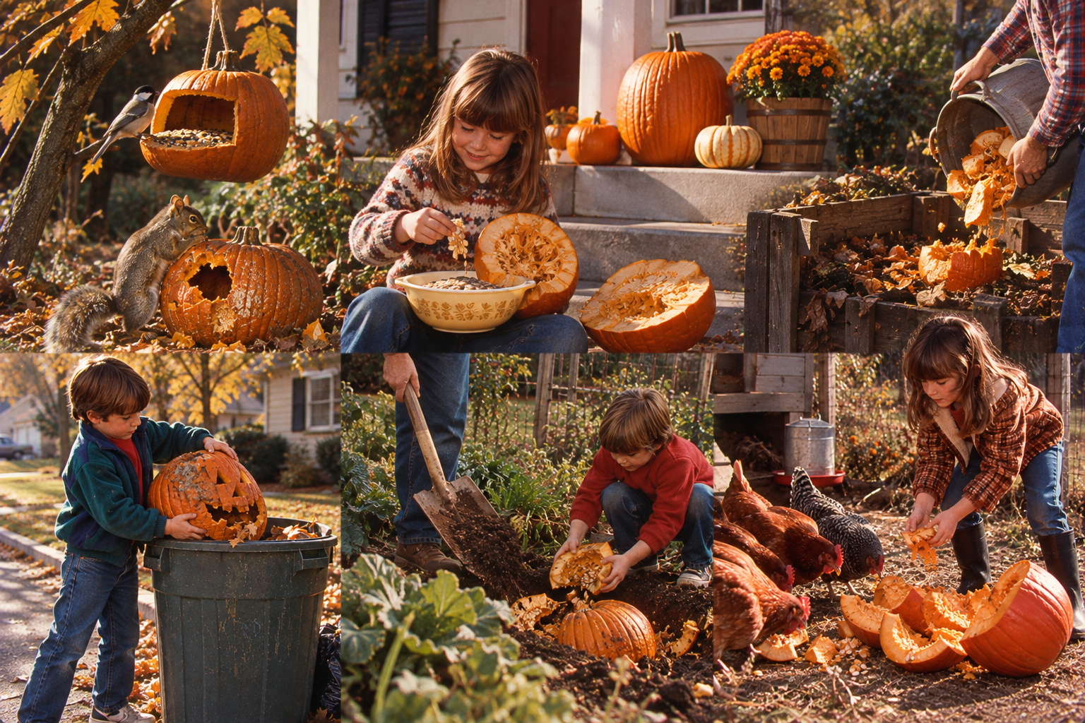 A collage showing children and an adult composting pumpkins, feeding seeds to a bird and squirrel, and placing a jack-o’-lantern into a bin.