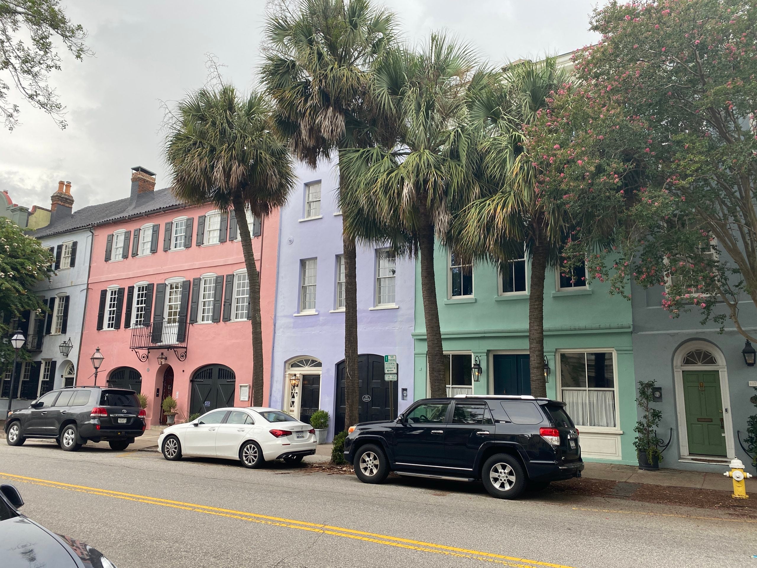 A row of colorful historic houses in pink, purple, and light green, each framed by palm trees, with cars parked along the street in front.