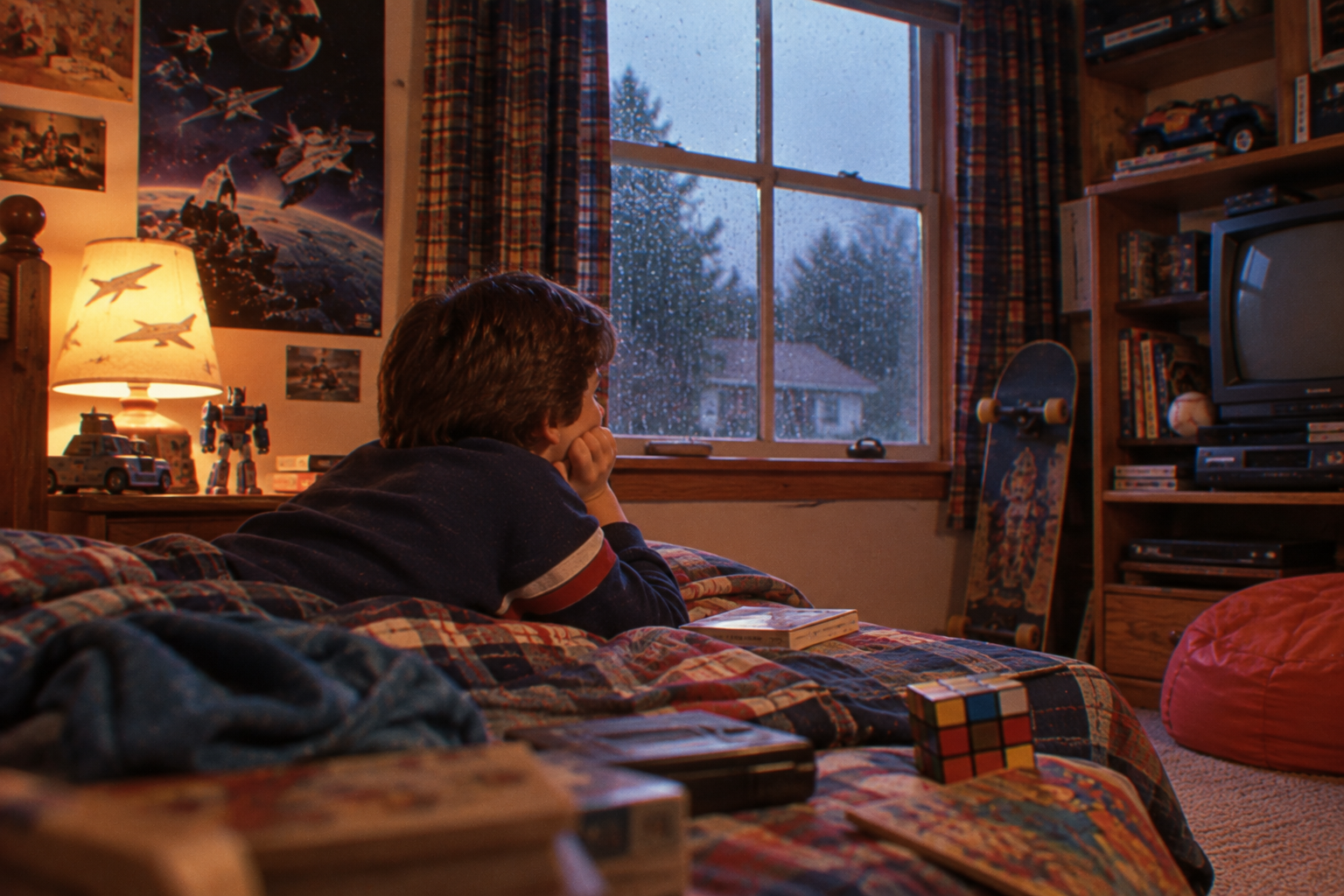 A child lies on their stomach on a bed, enjoying a rainy day activity in the ’80s while looking out a window from a bedroom filled with posters, a toy robot, a skateboard, and a television.
