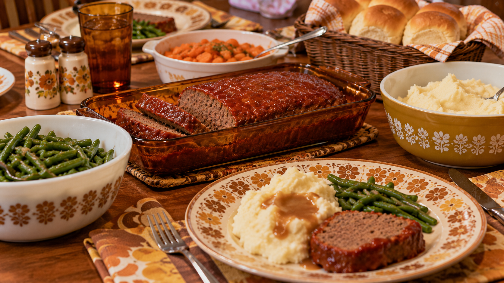 A table set for a meal featuring a glass loaf pan of sliced meatloaf, a bowl of mashed potatoes with gravy, green beans, and dinner rolls.