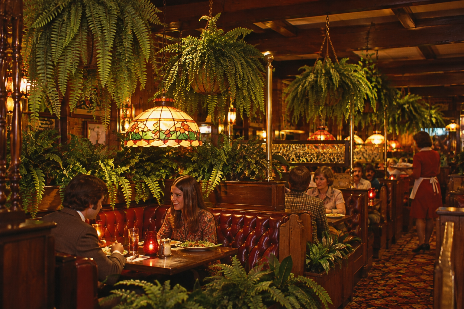 Dimly lit restaurant with vintage decor, red leather booths, hanging ferns, stained glass lamps, and several diners; a waitress in a red dress walks between tables.