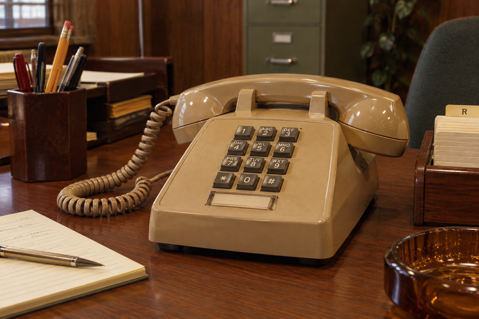 A tan vintage push-button desk phone on a wooden office desk next to a notepad, pen, and pencil holder.