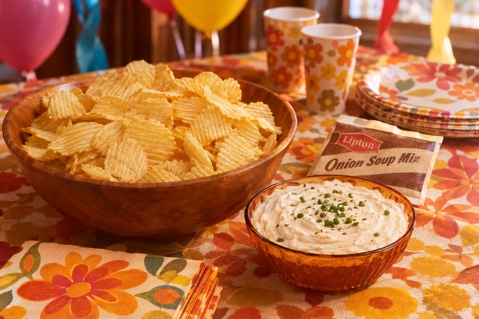A large wooden bowl of ridged potato chips next to a bowl of creamy onion dip, with a packet of Lipton Onion Soup Mix on a floral-patterned tablecloth reminiscent of a 1970s birthday party.