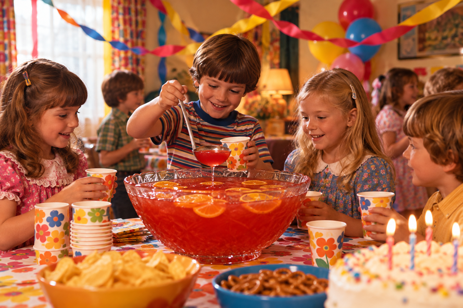 A young boy ladles red punch from a large glass bowl at a 1970s birthday party, surrounded by children with paper cups.