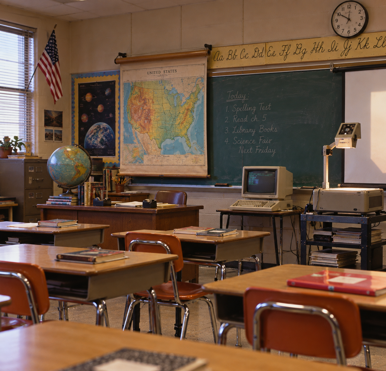 A classroom with student desks, a teacher’s desk with a globe, a wall map of the United States, and a chalkboard listing assignments.