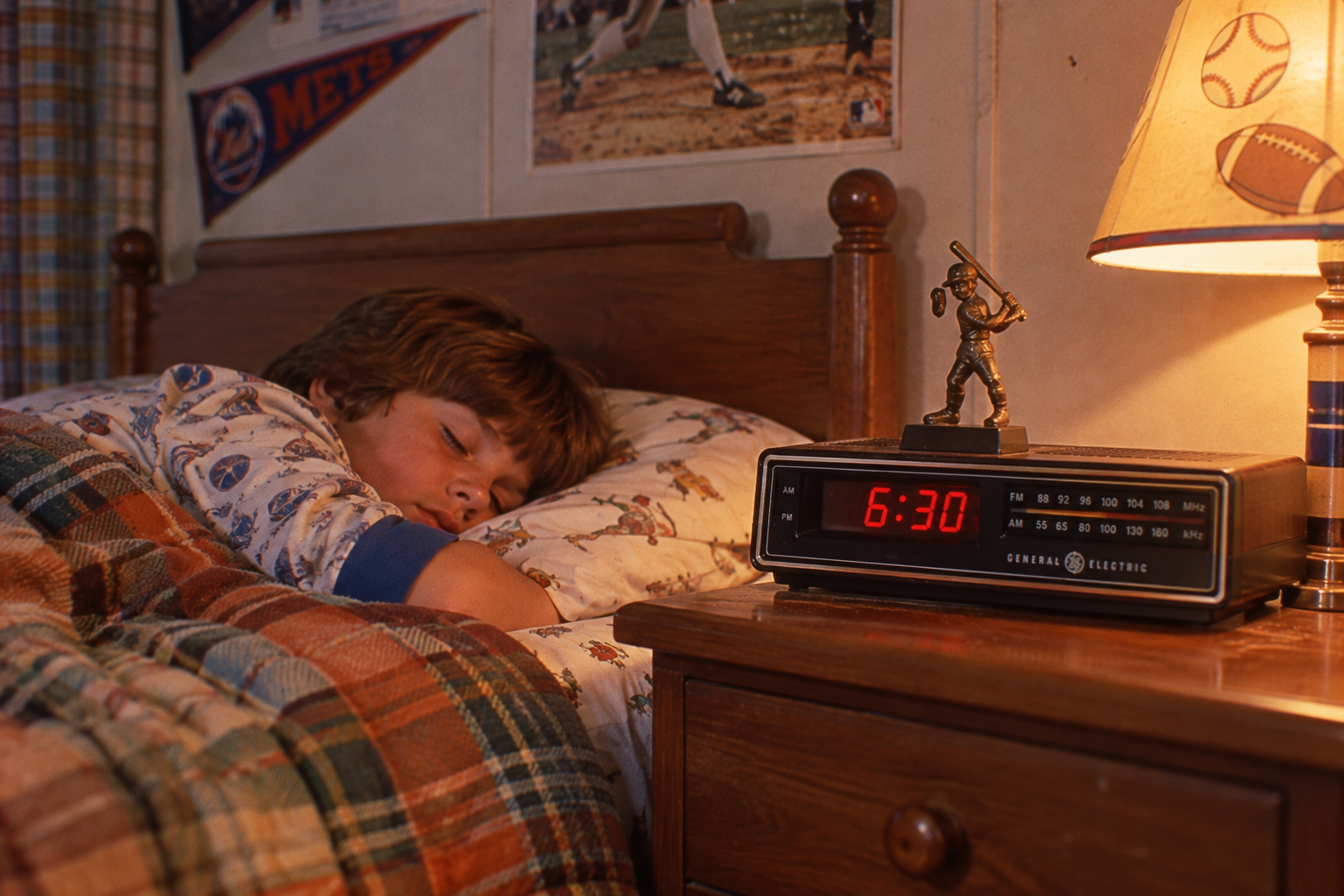 A child sleeping in bed next to a digital alarm clock displaying 6:30.
