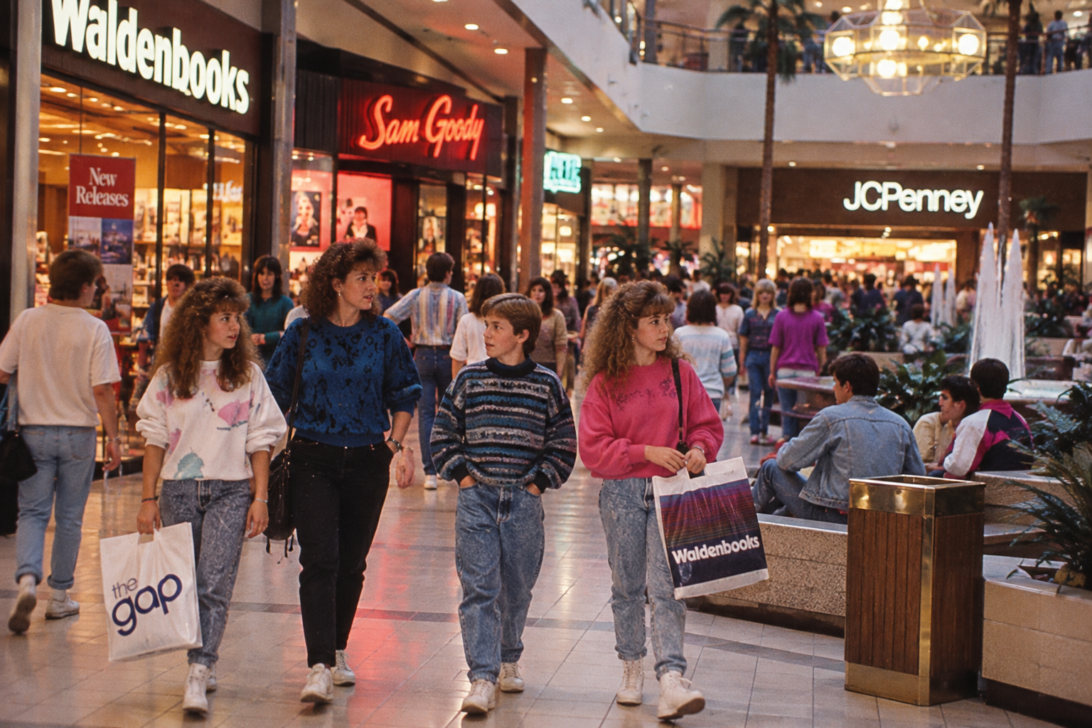 A group of teenagers walking through a shopping mall past storefronts for Waldenbooks, Sam Goody, and JCPenney.