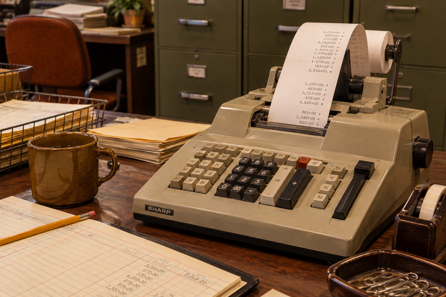 A vintage Sharp printing calculator sits on a wooden desk next to a coffee mug, a ledger, and a stack of papers.