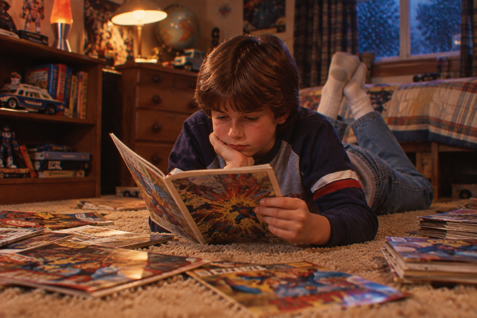 A boy lies on his stomach on a carpeted floor, reading a comic book. Several other comic books are scattered around him. The room is decorated with toys and posters, and it’s raining outside the window.