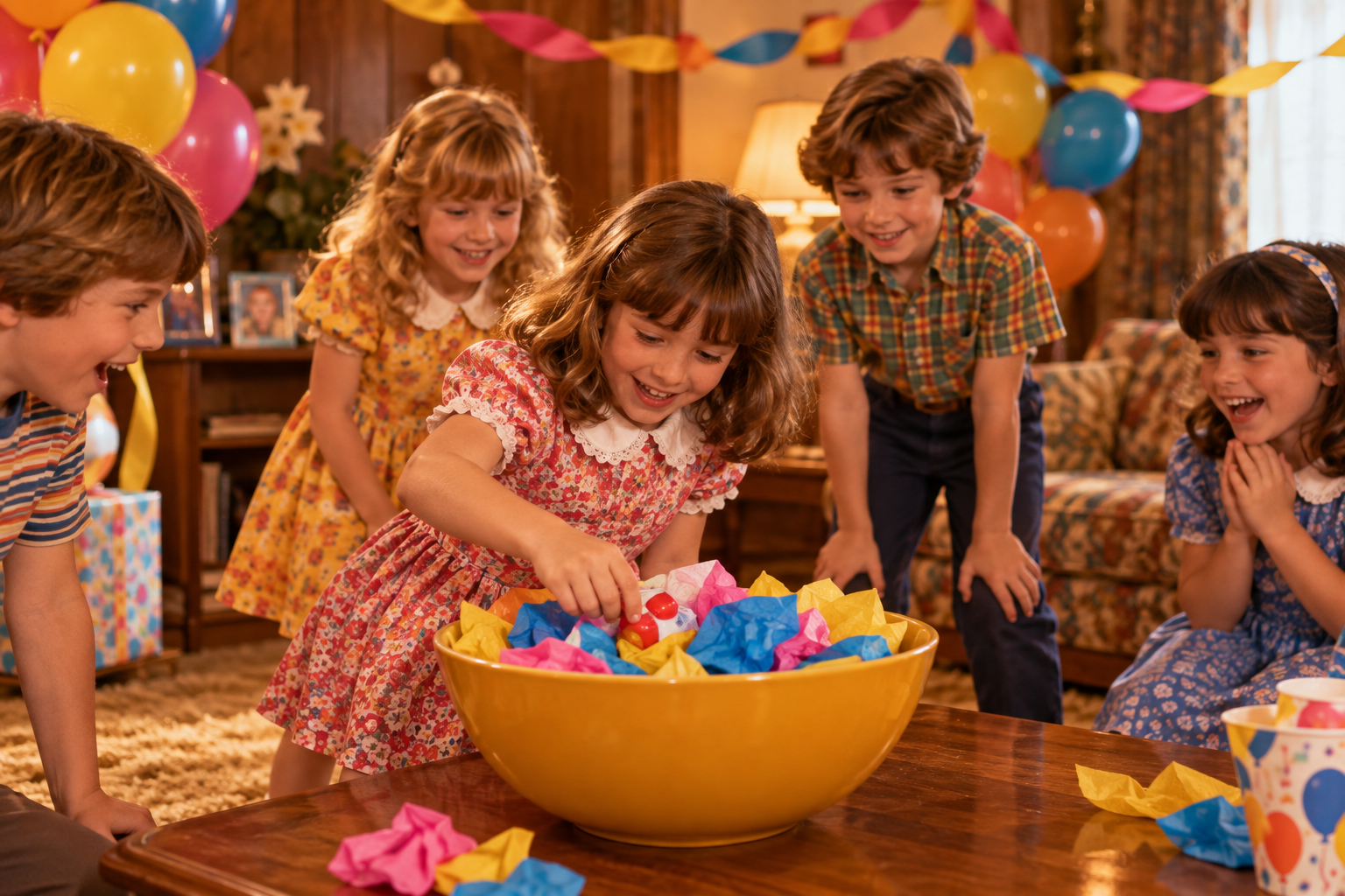 Five children gather around a wooden table at a 1970s birthday party as a young girl in a floral dress picks a prize from a yellow bowl filled with colorful tissue paper.